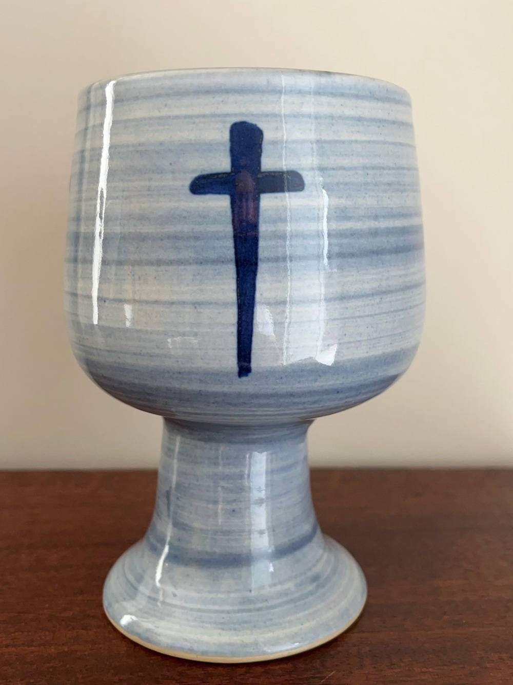 Louisville Stoneware USA Blue Cross Chalice Goblet Religious Communion